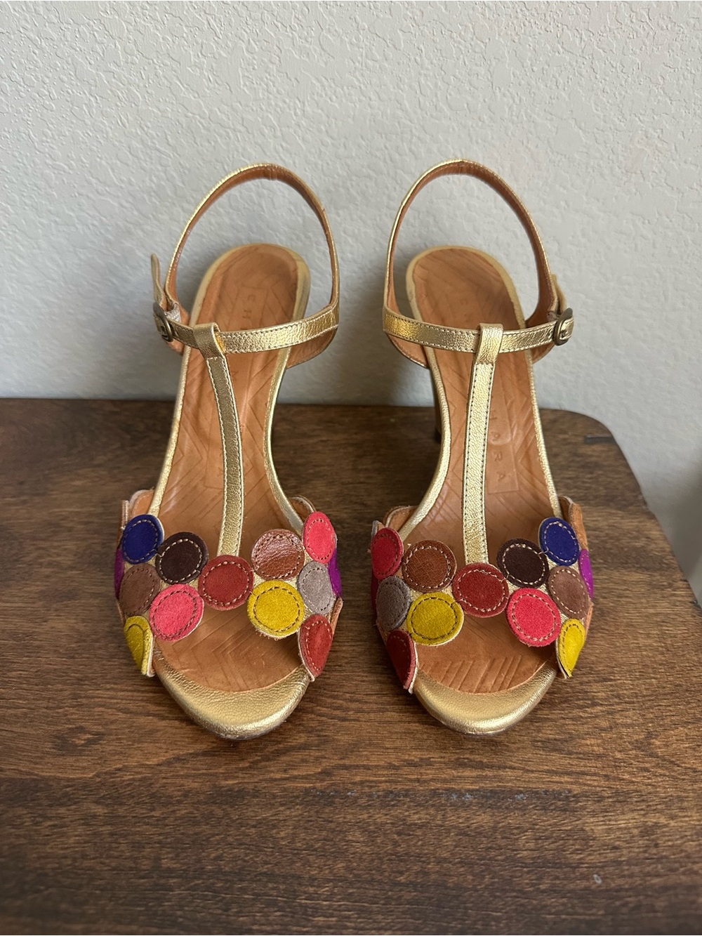 Chie Mihara Confetti Gold T-Strap Heels w/Multicolor Dots Anthropologie size 36